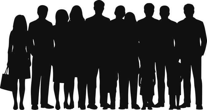 Silhouette illustration of twelve diverse people in a line, adults and children in varied postures and accessories