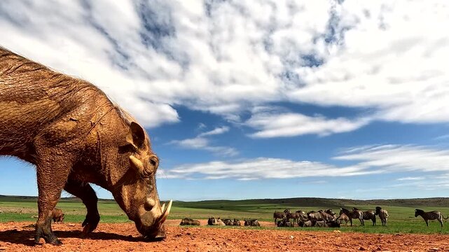 Funny profile low POV of warthog scratching himself with hind legs in wilderness