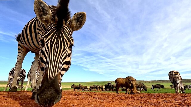 Funny low angle POV of zebra walking up and smelling camera in wilderness
