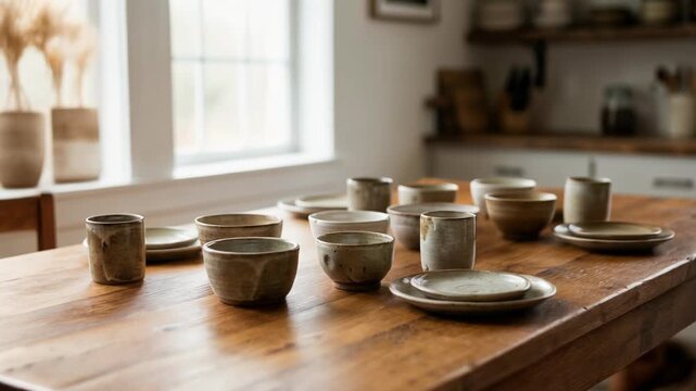 Rustic ceramic dinnerware beautifully arranged on a wooden table in a cozy kitchen setting