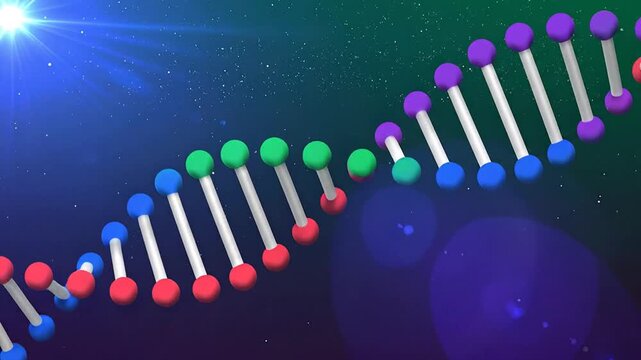 A 3D rendered depiction of a DNA molecule with colored spheres on white struts against a nebula