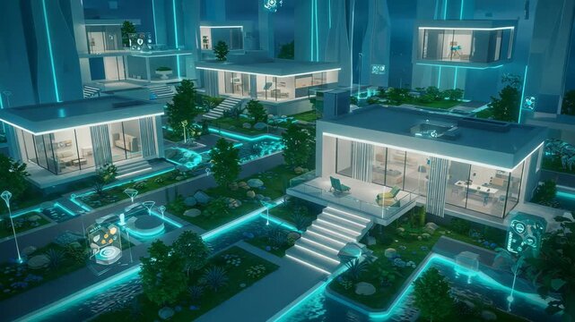 Futuristic Pixelated Cityscape with Clean Lines Digital Architecture Renderings and Minimalist Design in Green White and Blue Hues