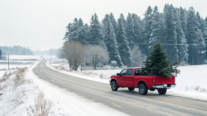 Pickup truck drives on snowy road with Christmas tree in winter scene in forest during cold season