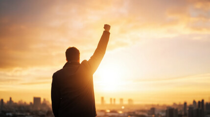 Fototapeta premium Silhouette of person standing with raised fist against bright sunset over city skyline, symbolizing victory and determination
