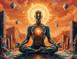 A cybernetic man of the future meditates in the lotus position . Generative AI