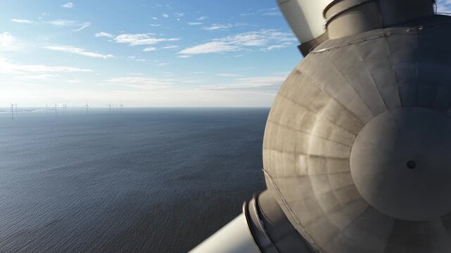 Close up aerial drone video of an offshore wind turbine in winter conditions, generating sustainable renewable electricity in The Netherlands, symbolizing clean energy production and the energy transi