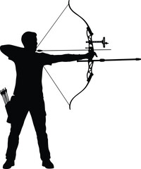 Silhouette of archer aiming with compound bow, precision shooting, outdoor sports activity, archery equipment, focused posture, hunting or target practice.