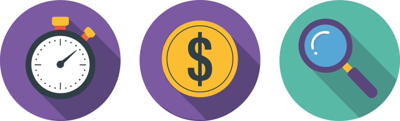 Fototapeta premium Time icon, money symbol, magnifying glass, flat design, business concept, finance, analysis, search, economy, infographic, UI, UX, digital, strategy, planning, budget, audit, vector illustration
