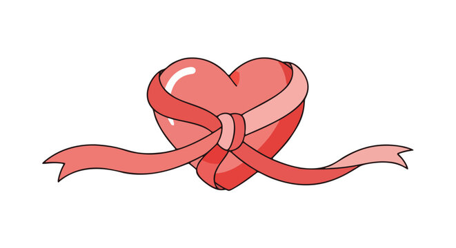 Stylized Illustration of a Glossy Red Heart Tied with a Flowing Ribbon in a Cartoony Style, Featuring a Reflective Surface and Romantic Symbolism