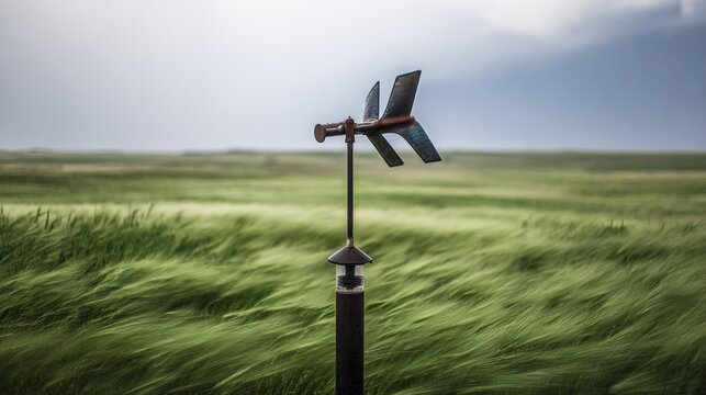 anemometer. A single anemometer spinning fast in strong wind on a vast grassy plain. travel magazines, destination branding, designed for travel destination branding, drives exploration.