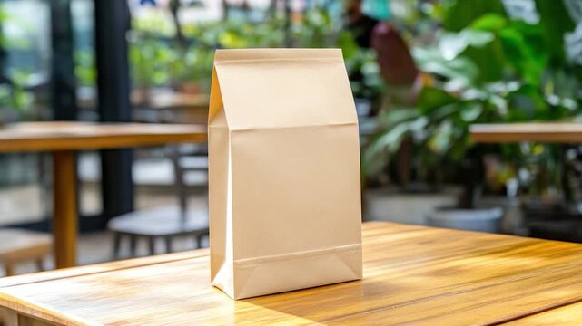 A brown paper bag stands on a wooden table, in an outdoor cafe. Green foliage in the blurry background