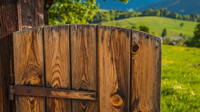 Weathered wooden door with metal hinge, set against a green meadow and distant hills