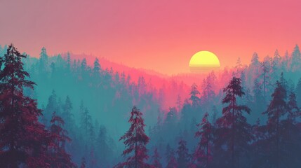 A stunning sunset drenches the forest in vibrant colors creating a peaceful dreamy scene.