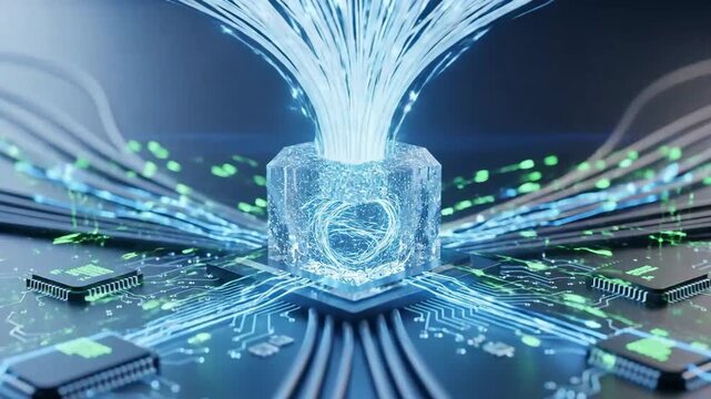 Abstract technology concept featuring a glowing cube connected to fiber optic cables and circuit boards.