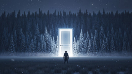 Abstract background silhouette and portal in the snow . Generative AI