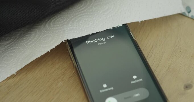 Close-up of a smartphone showing an incoming &ldquo;phishing call&rdquo; warning while hidden partially under paper, creating a tense and suspicious atmosphere. Ideal for themes like phone fraud, scam detection,