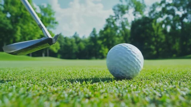 A close-up shot of a dimpled golf ball resting on manicured green grass on a sunny day
