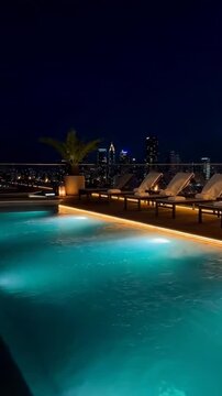 A Stunning Rooftop Poolside View at Night: Relaxation and Serenity Amidst a Vibrant City Skyline Under a Starry Sky, Illuminated by Soft Lighting