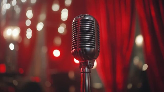 A classic microphone gleams under stage lights with a deep red curtain background and blurred bokeh