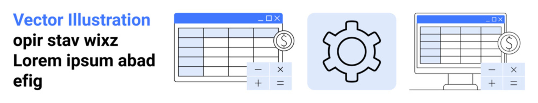 Spreadsheet interfaces with data tables, gear icon symbolizing automation. Ideal for finance, data analysis, workflow optimization, software, business solutions, teamwork, simple landing page