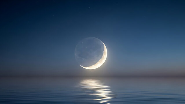 beautiful crescent moon reflects on calm water