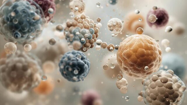 Cellular health and longevity visualization, macro view of healthy cells interacting in balance, modern biomedical aesthetic, neutral color palette, calm informative mood, suitable for commercial 
