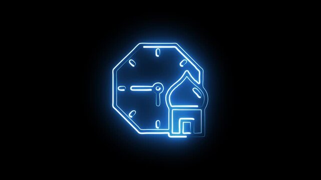 Futuristic glowing hexagon clock icon with neon blue digital lines on black background for technology and time concept