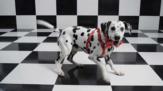 A playful Dalmatian dog with a red harness stands on a striking black and white checkered floor.