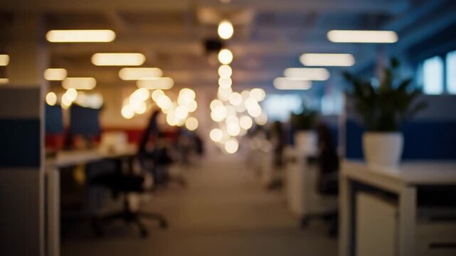 Atmospheric cinematic blurred perspective of a vacant haunting office building interior featuring architectural shadow and desolate workplace atmosphere in high resolution 4K slow motion footage