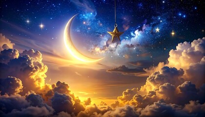 Naklejka premium Celestial Reverie: A breathtaking panorama unfolds as the moon and stars adorn the night sky, a scene of dreams. and stars against a backdrop of clouds.