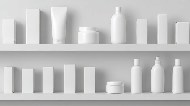 Minimalist 3D Render of White Cosmetic Products on Shelves for Clean and Modern Aesthetic