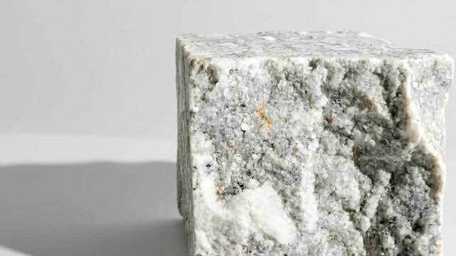 A textured gray and white stone cube against a plain white background, casting a distinct shadow