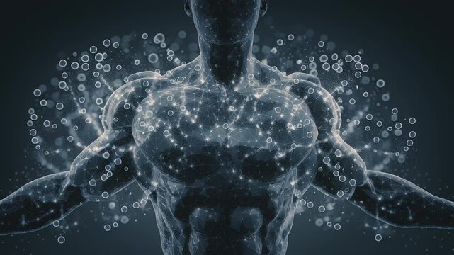 Fitness and metabolic efficiency for longevity concept art, abstract muscular and cellular energy patterns symbolizing endurance and health, minimal and elegant design, trustworthy scientific tone