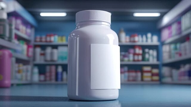 A close-up of a white pill bottle with a blank label stands in a pharmacy setting