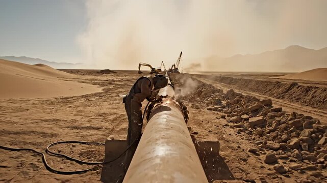 Welder at Work - A Skilled Professional Joining Metal Pipes Outdoors.