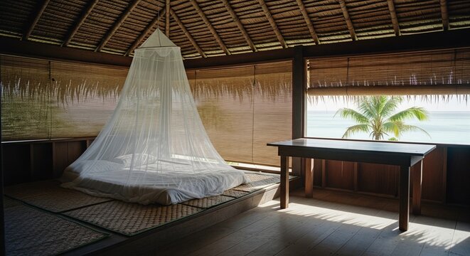 Tropical wooden bedroom interior with white mosquito net over bed and sea view window