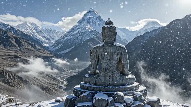 serene himalayan landscape with large meditating deity statue viewed from back sitting in lotus pose on snowy stones cold wind moving mist across valley delicate snow particles floating sunlight diffu