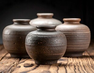 Close-up of handmade ceramic vases on a rustic wooden surface