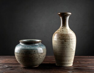Two ceramic vases of varying heights sit on a wooden table