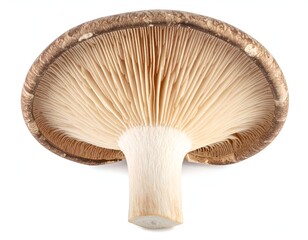 Underside view of a brown mushroom with visible gills and stem