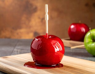 Candy-coated red apple with stick on wood board. Other apples blurred