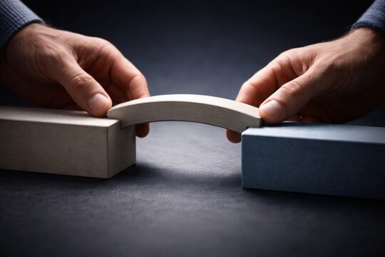 Close-up of hands connecting two rectangular blocks with a curved piece, symbolizing problem-solving, teamwork, connection, and bridging gaps in communication.