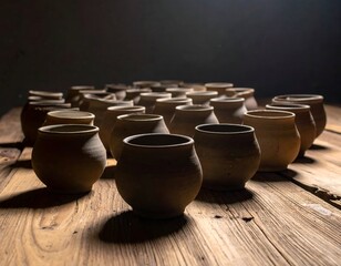 Many hand-thrown clay vessels arranged on a rustic wooden surface