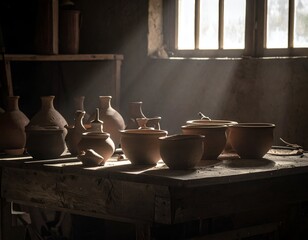 Sunlit pottery workshop, showcasing handcrafted clay vessels