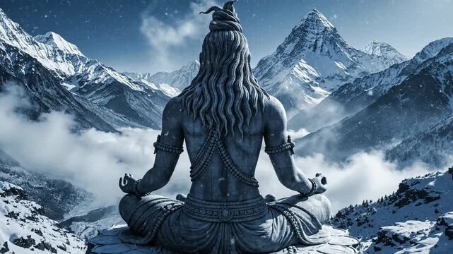 spiritual meditation concept scene featuring rear view stone shiva statue in deep meditation surrounded by winter mountains snow dust drifting softly atmospheric fog creating depth long hair moving ge