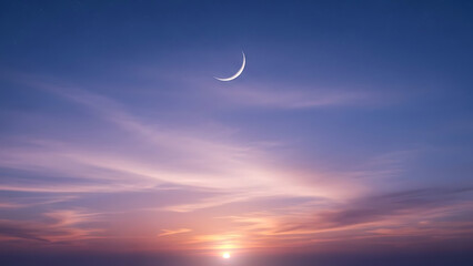 Crescent moon sunset beautiful sky colorful clouds