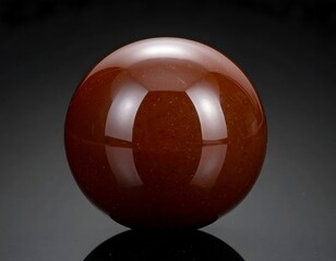 Polished brown sphere reflecting light on a dark, reflective surface