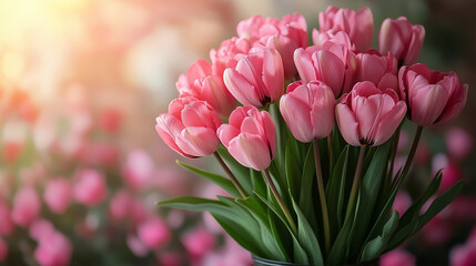 Fototapeta premium Pink tulips with gift. Mothers Day, Valentines Day, Birthday