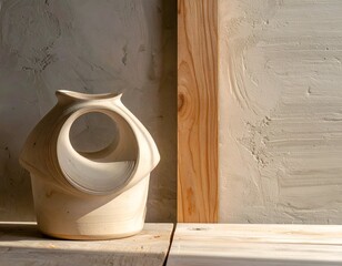 Sculptural wooden vase with unique cutout sits beside a wooden plank