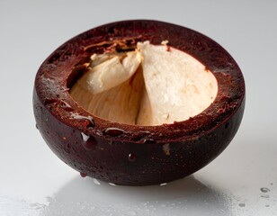 Sectioned tropical fruit reveals creamy white segments, glossy surface